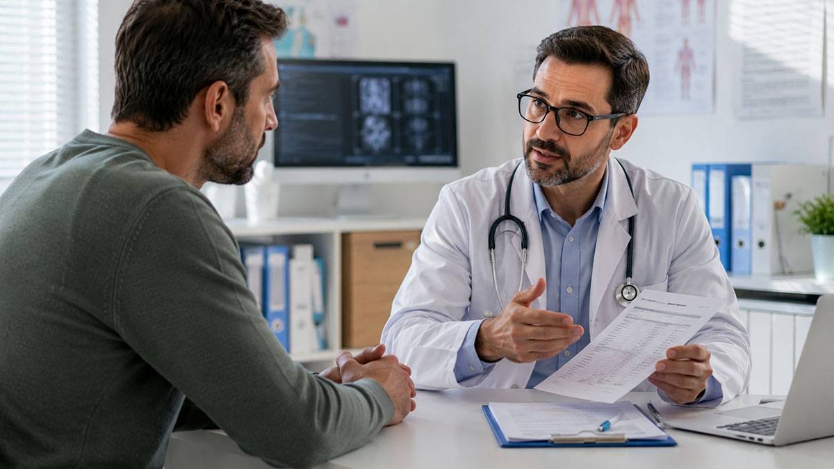پزشک در حال توضیح روند درمان به بیمار.